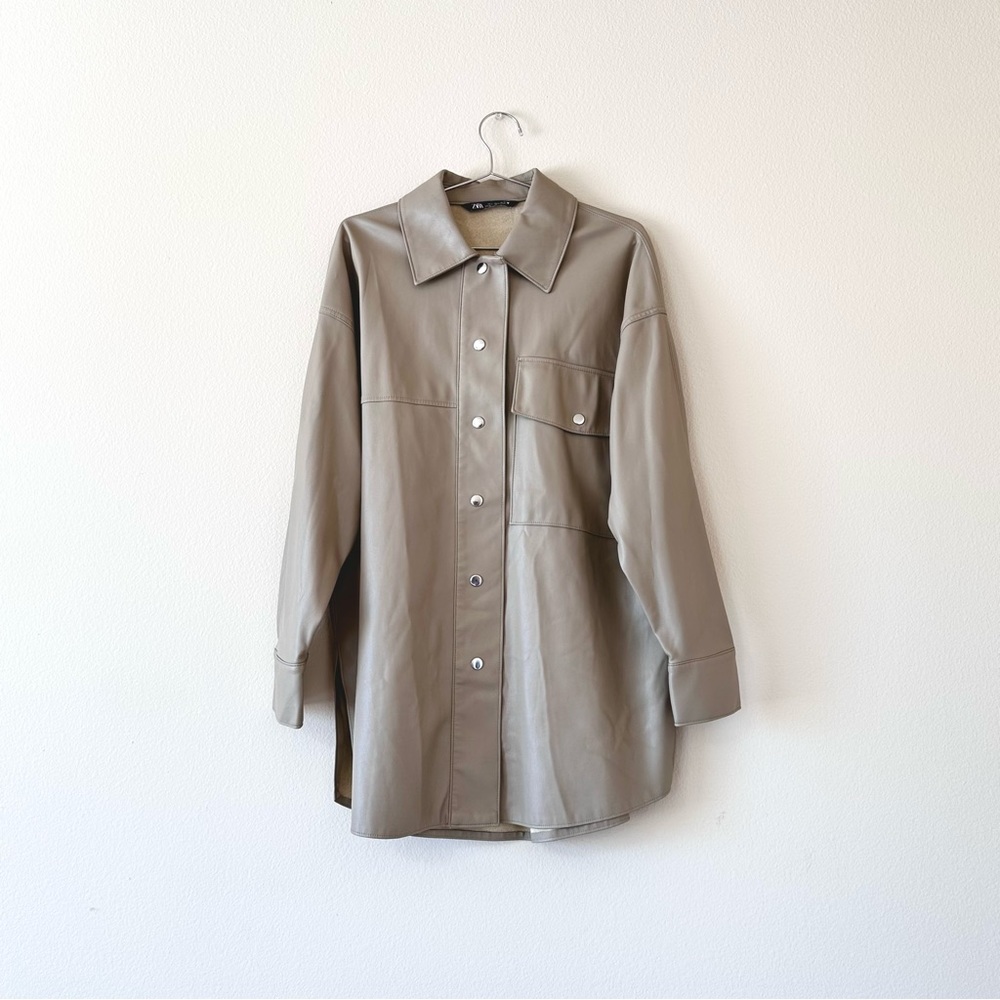 Zara modern minimalist faux leather taupe shacket